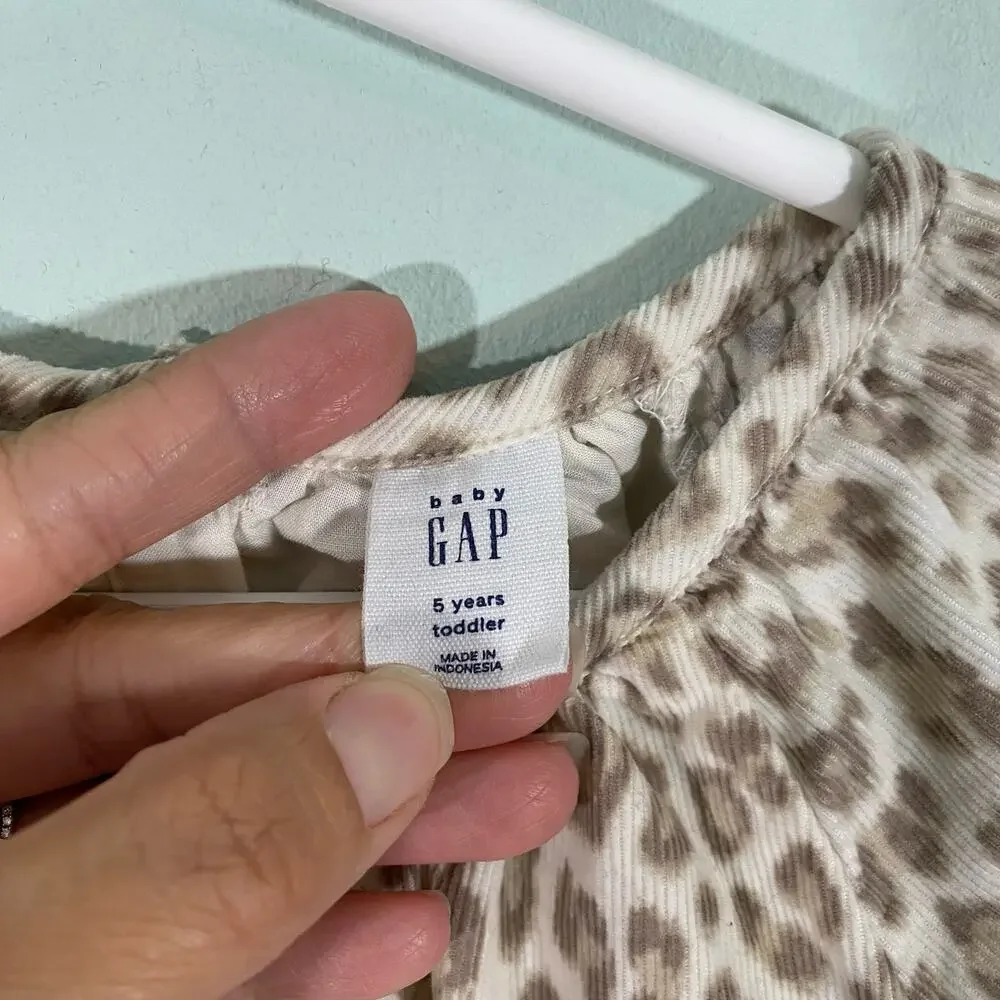 GAP Girl's White & Brown Leopard Corduroy Long Sleeve Dress Size 5YO